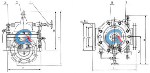 300X緩閉止回閥 外形結(jié)構(gòu)圖 (1、針閥2、主閥3、球閥4、壓力表5、單向閥）